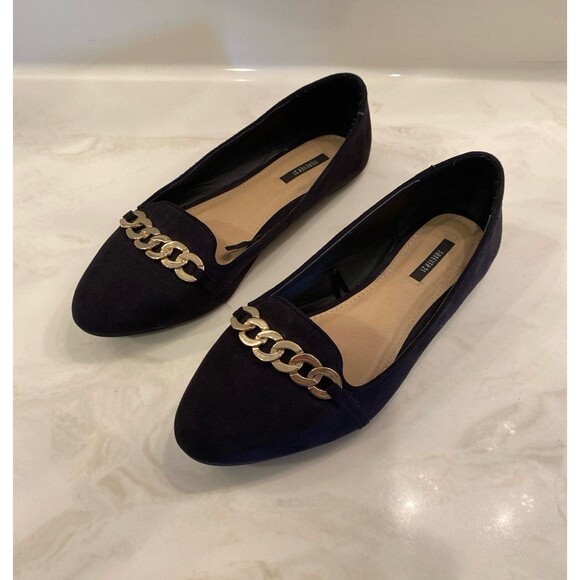 Flats Forever 21 Shoe Size ?? 8 - 8.5 Faux Suede Outer Almond Toe Gold Hardware - Picture 2 of 12
